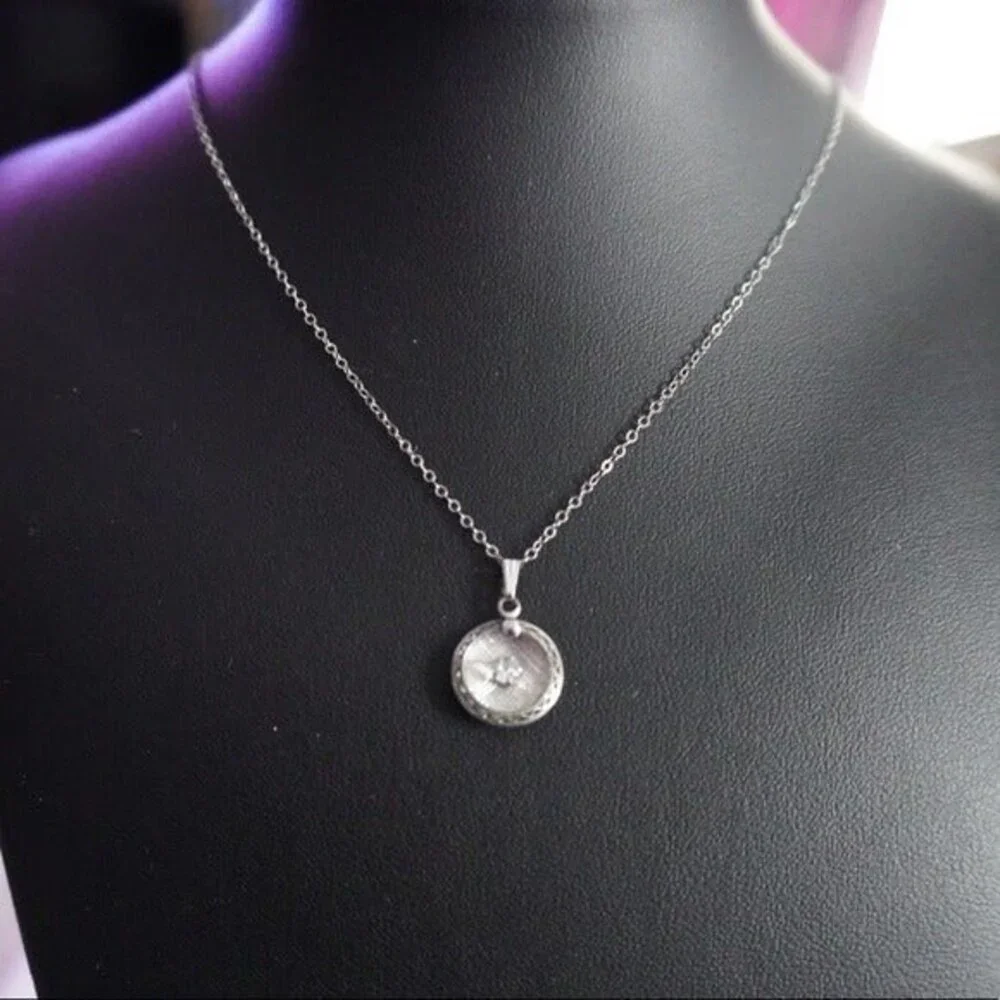 Small Round Pendant Necklace with Center Rhinestone Silver Tone - Picture 2 of 6